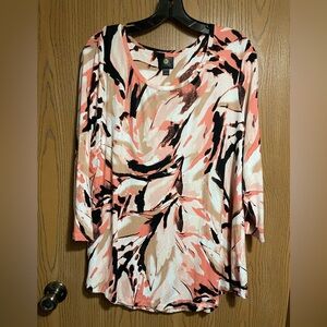 JM Collection Coral and Black Abstract Patterned Blouse